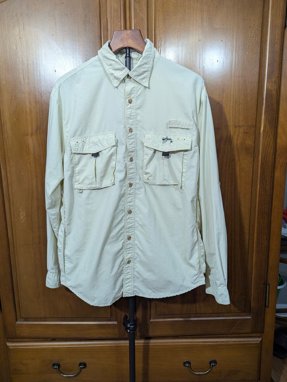 Guy Harvey AFTCO Bluewater Fishing Shirt Men’s M Beige Nylon Vented Back